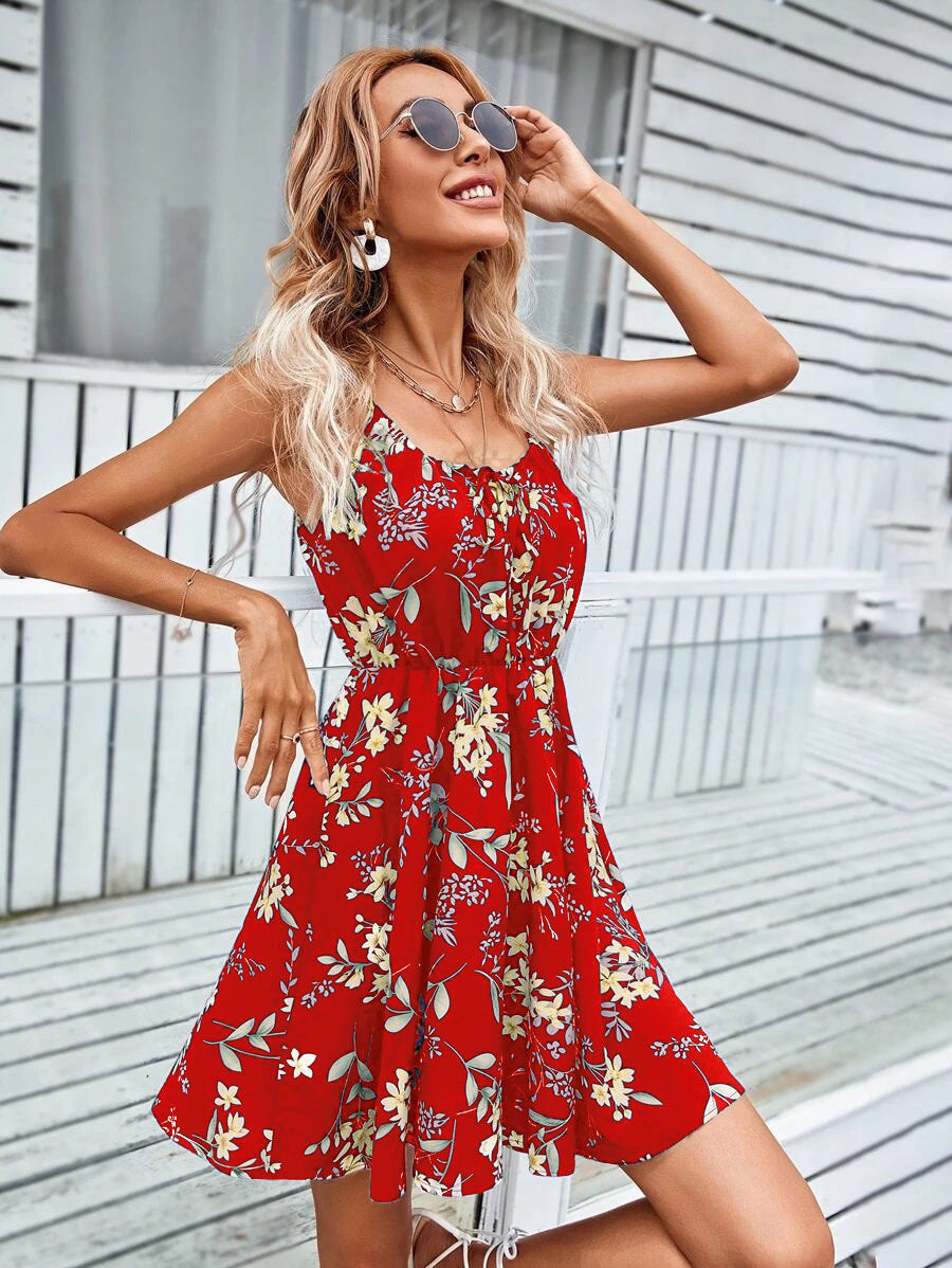 Women Floral Summer Dress with Spaghetti Straps and Tailored A-Line Cut Mune Fashion