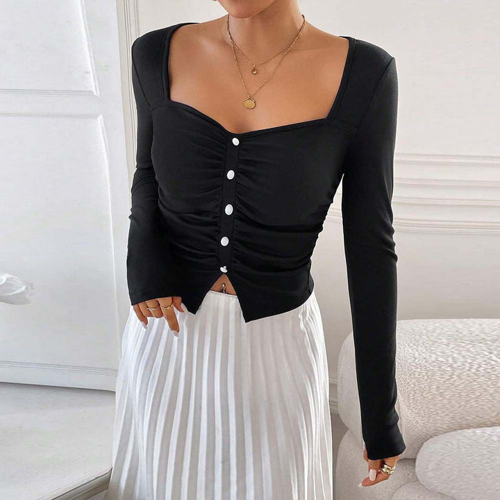 Ladies' figure-hugging gathered long-sleeve cropped top with square neckline and decorative button placket Mune Fashion