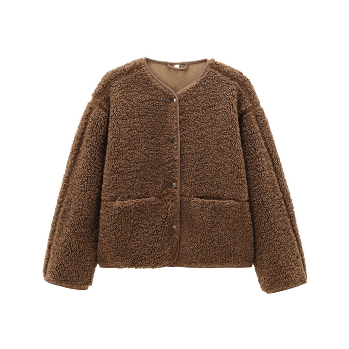 Ladies' short-cut teddy jacket with press stud placket and patch pockets Mune Fashion