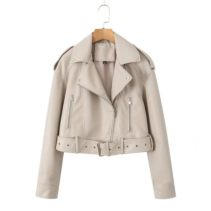 Women tailored faux leather biker jacket with belt Mune Fashion