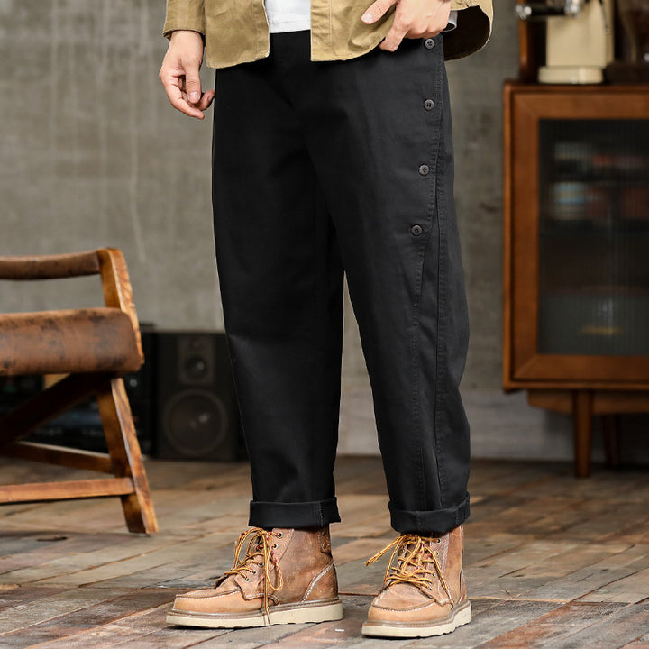 Men's casual tapered pants with side button placket and cuffs Mune Fashion