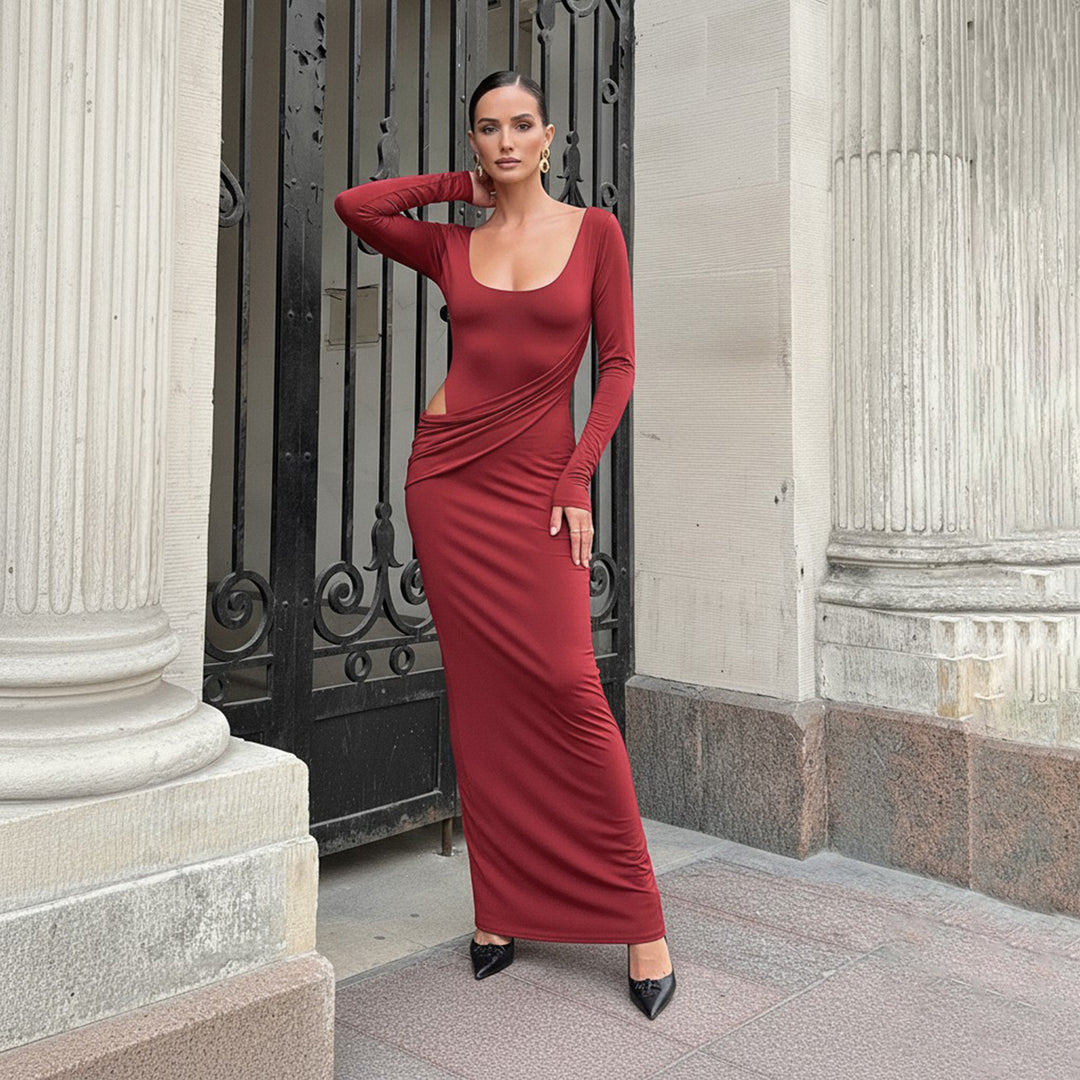 Women's Figure-Hugging Maxi Dress with Boat Neck, Side Gather and Stretch Jersey Mune Fashion