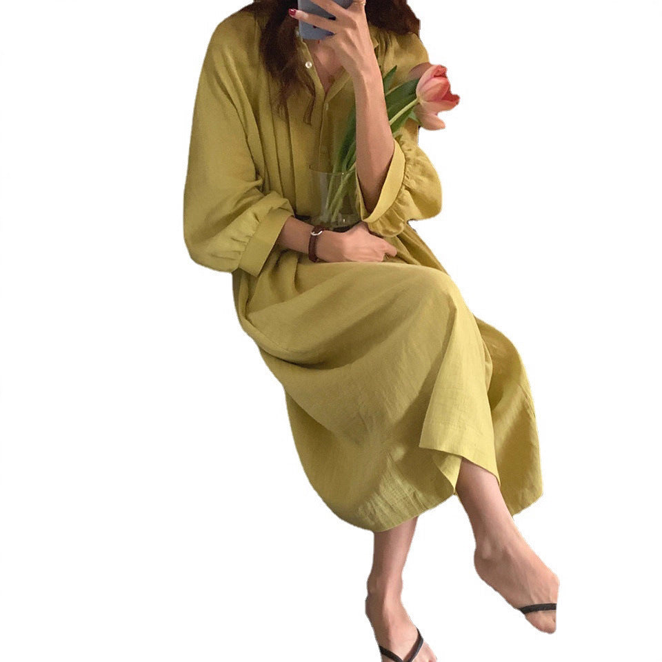 Women Loose Linen Blend Maxi Dress with Stand Collar, Tie Waist and Balloon Sleeves Mune Fashion