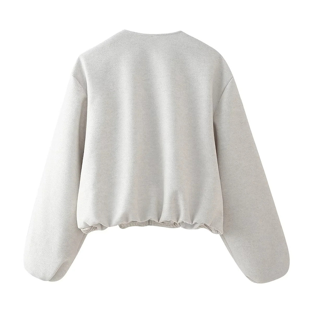 Women's short-cut bomber jacket without collar with balloon sleeves and side pockets Mune Fashion