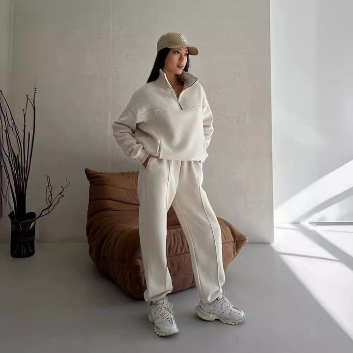Women Soft Oversized Lounge Set with Zip Collar, Front Pockets and Flattering High-Waist Pants Mune Fashion