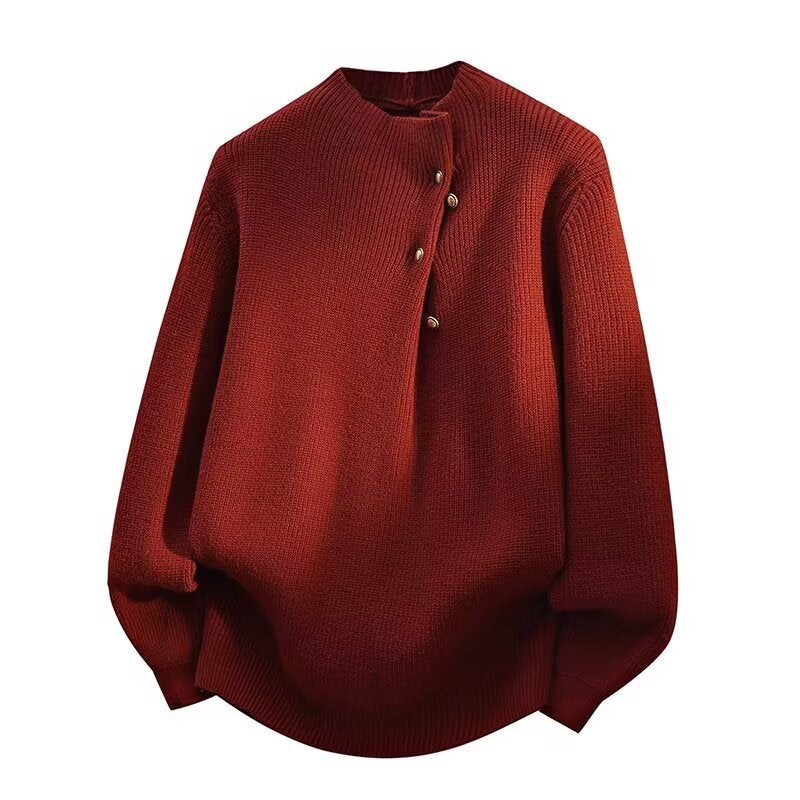 Women's Fashionable Stand Collar Sweater with Button Details Mune Fashion