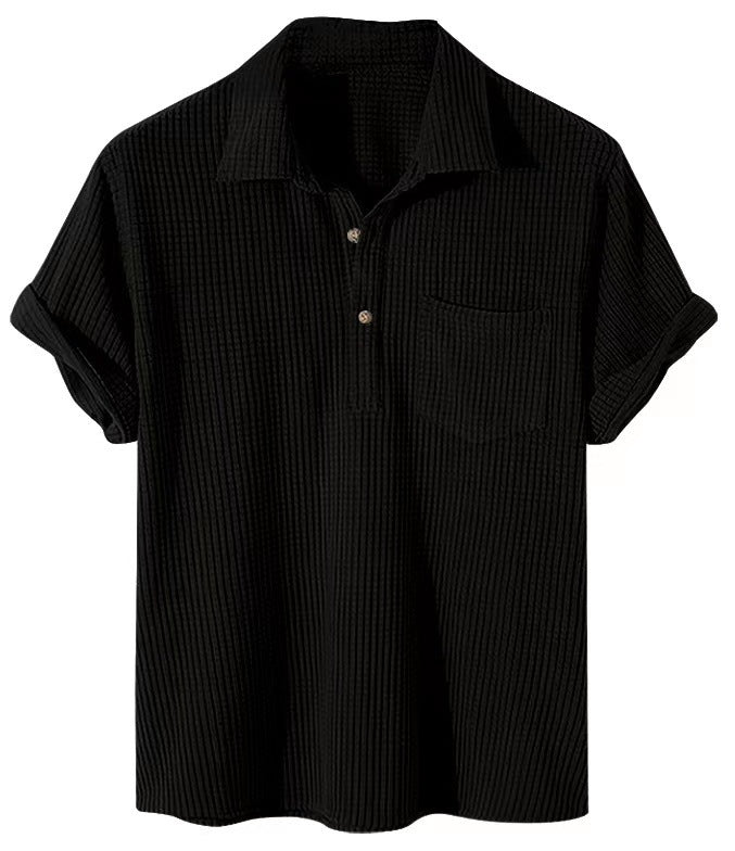 Men's waffle knit polo with shirt collar, short button placket and chest pocket Mune Fashion