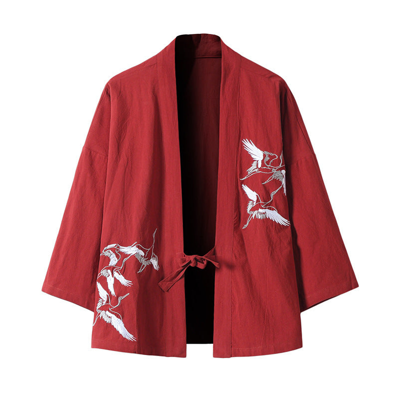 Unisex nan Japanese inspired kimono jacket with crane embroidery and tie closure Mune Fashion
