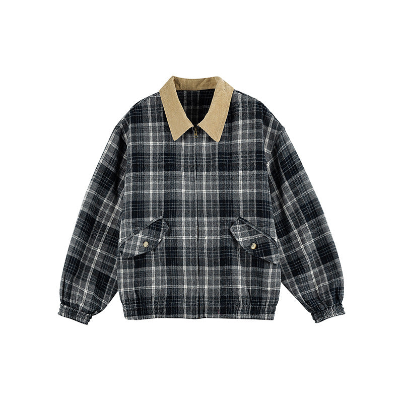 Unisex Checkered Boxy Over Shirt Jacket with Corduroy Collar, Concealed Zipper and Patch Flap Pockets Mune Fashion