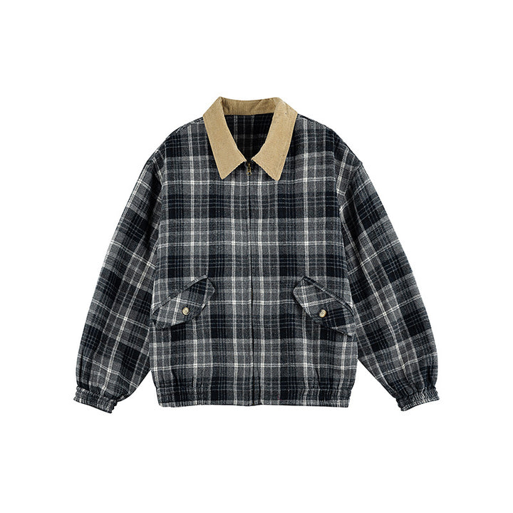 Unisex Checkered Boxy Over Shirt Jacket with Corduroy Collar, Concealed Zipper and Patch Flap Pockets Mune Fashion