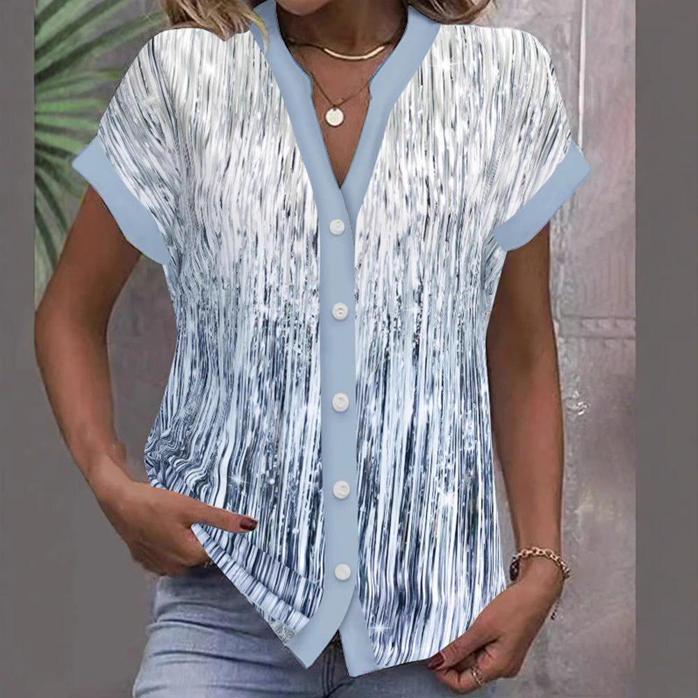 Women's short sleeve blouse with vertical brushstroke print, contrasting button placket and loose hem Mune Fashion