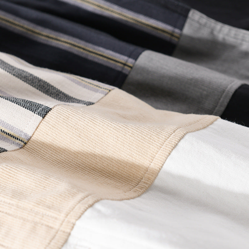 Men's Lightweight Cotton Overshirt with Woven Stripe Panels and Kent Collar Mune Fashion