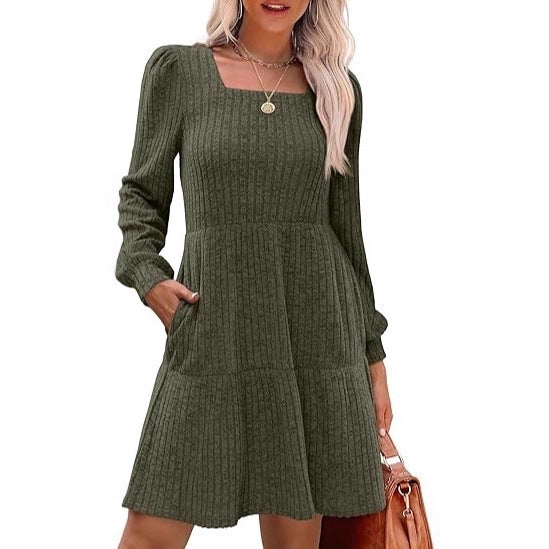 Women's Knitted A-Line Mini Dress with Square Neckline, Tiered Skirt and Pockets Drune