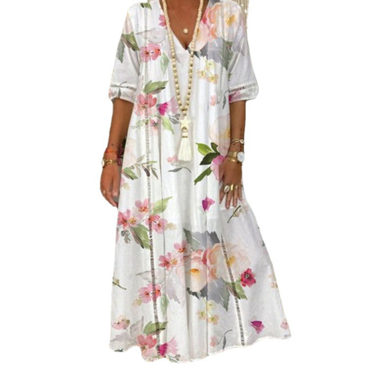 Ladies nan locker flowing Kaftan midimax dress with V-neck, openwork panels and lightweight linen blend quality Mune Fashion