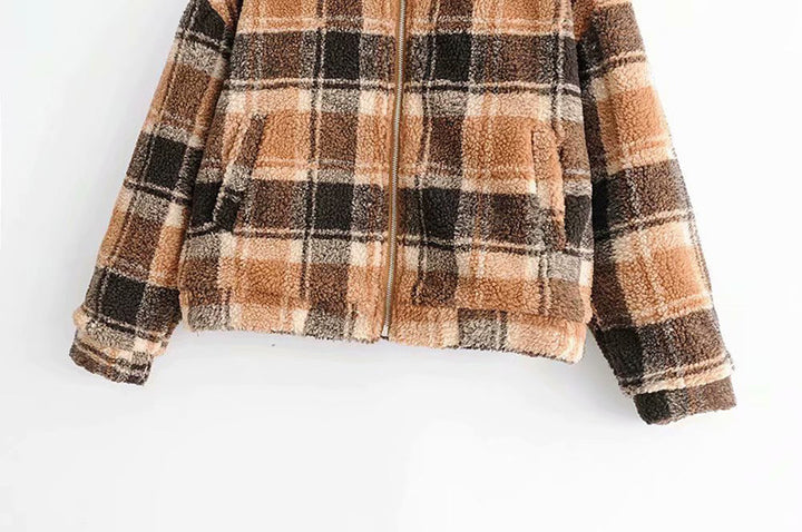 Women Checked Teddy Jacket with Zipper, Oversized Cut and Faux Fur Lining Mune Fashion