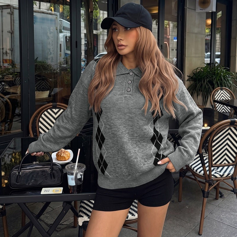 Women's Casual Argyle Polo Knit Sweater with Polo Collar and Button Placket Mune Fashion