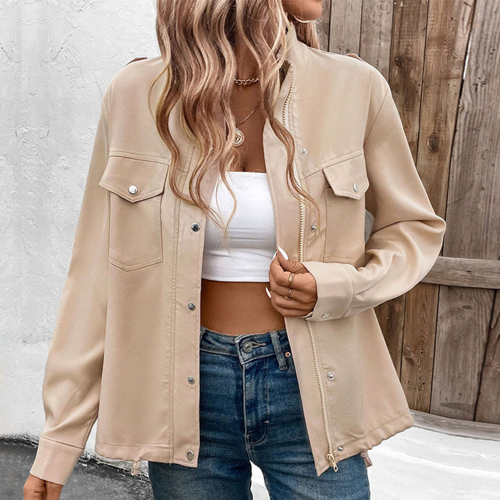 Women's Oversized Shirt Jacket with Snap Front, Chest Flaps, and Drawstring Hem Mune Fashion