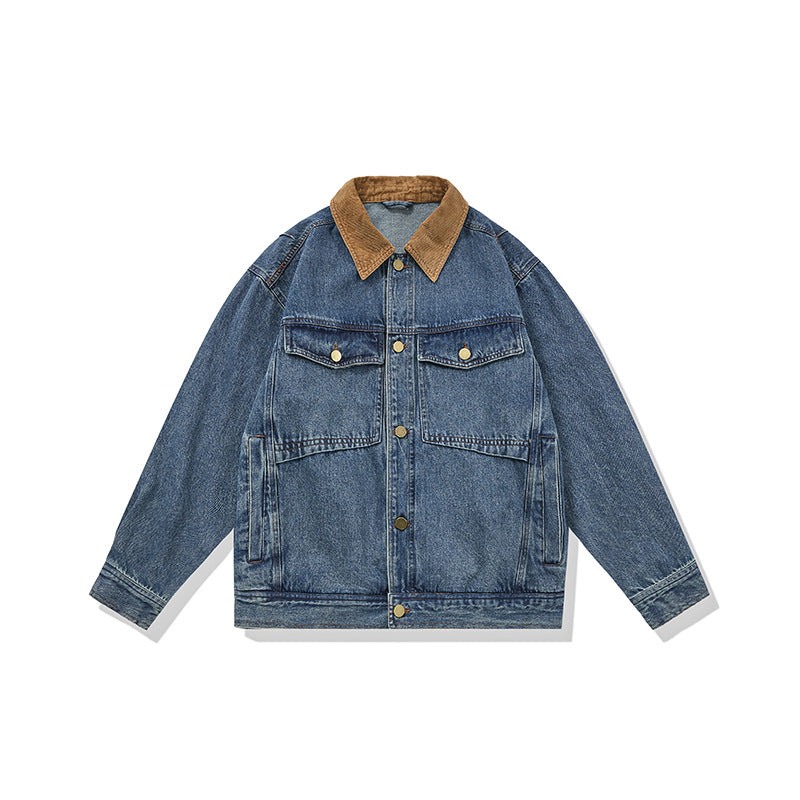 Men's Boxy Denim Blouson Jacket with Cord Collar and Multi-Function Flap Pockets Mune Fashion