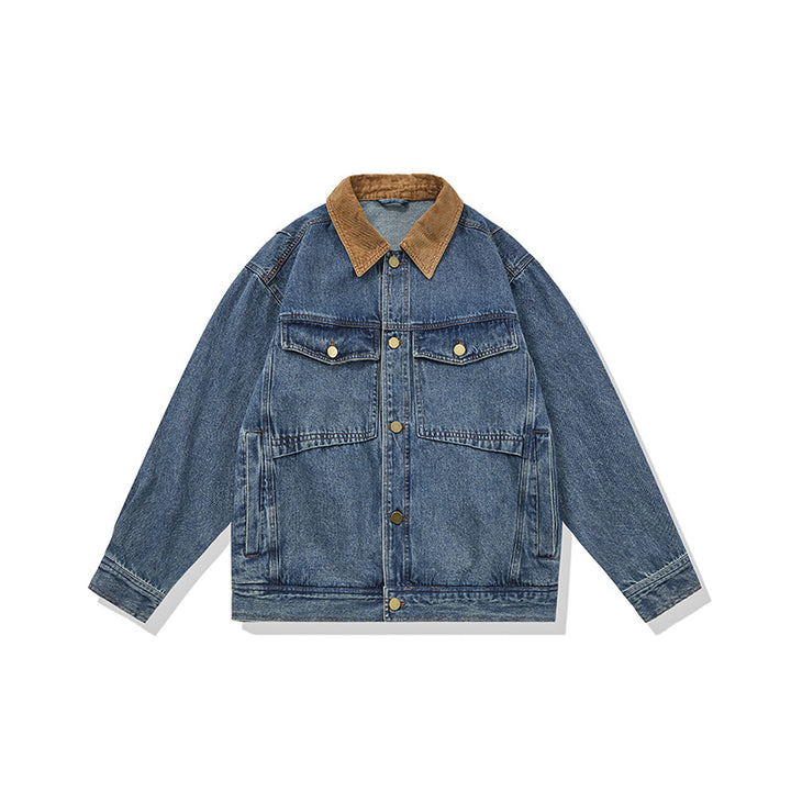 Men's Boxy Denim Blouson Jacket with Cord Collar and Multi-Function Flap Pockets Mune Fashion