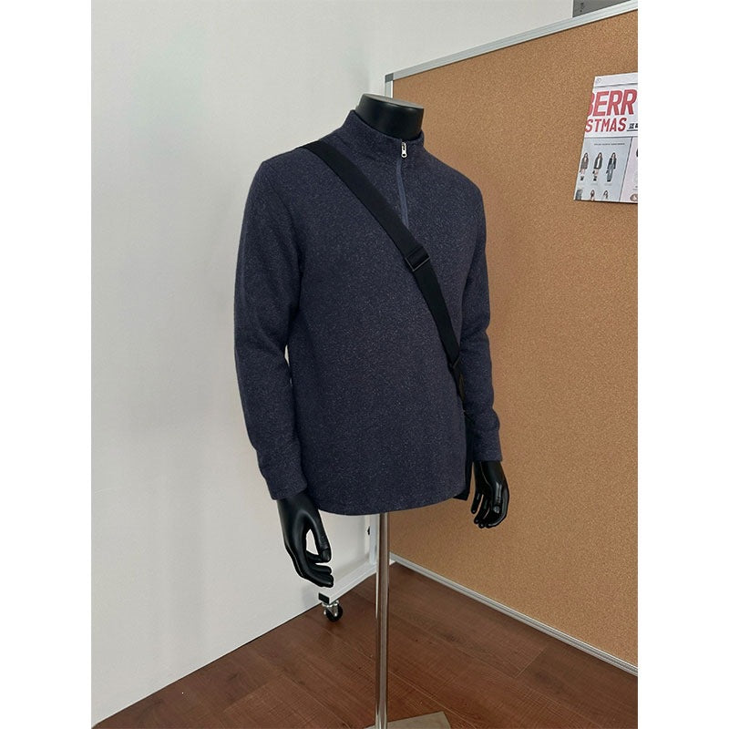 Men's Half-Zip Knit Sweater with Stand Collar and Melange Structure Mune Fashion