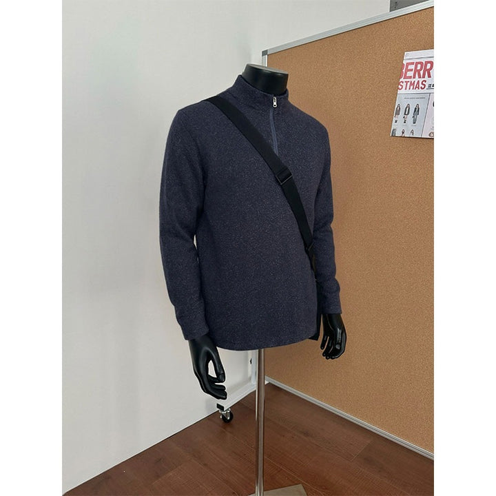 Men's Half-Zip Knit Sweater with Stand Collar and Melange Structure Mune Fashion