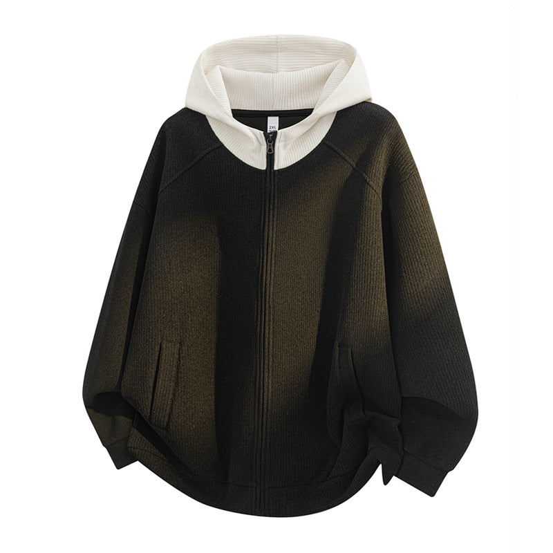Women's Oversize Knitted Hooded Jacket with Full Zip, Contrast Hood & Ribbed Texture Mix Mune Fashion
