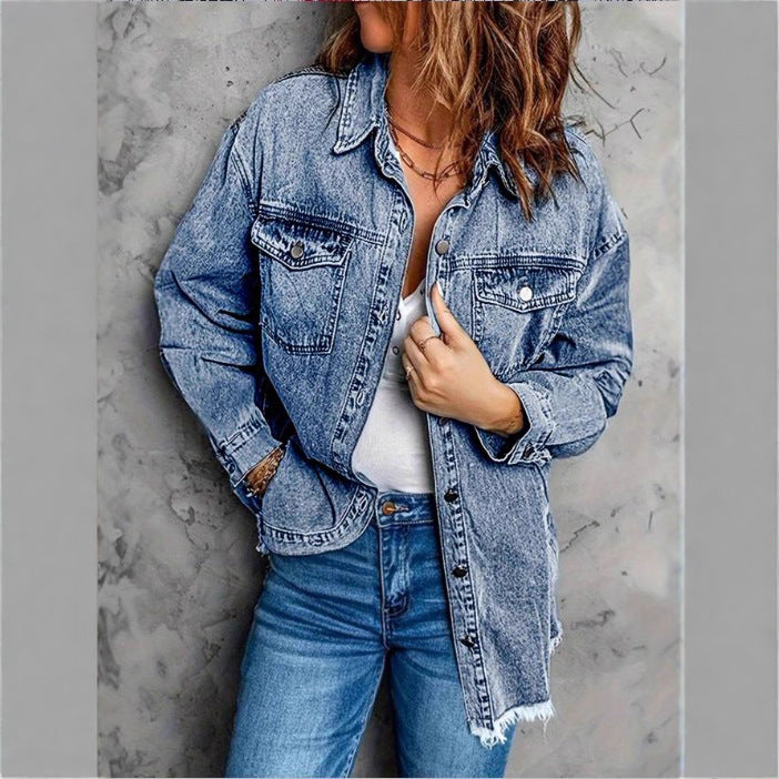 Women's Oversized Denim Jacket with Flap Pockets, Used Look and Raw Hem Mune Fashion