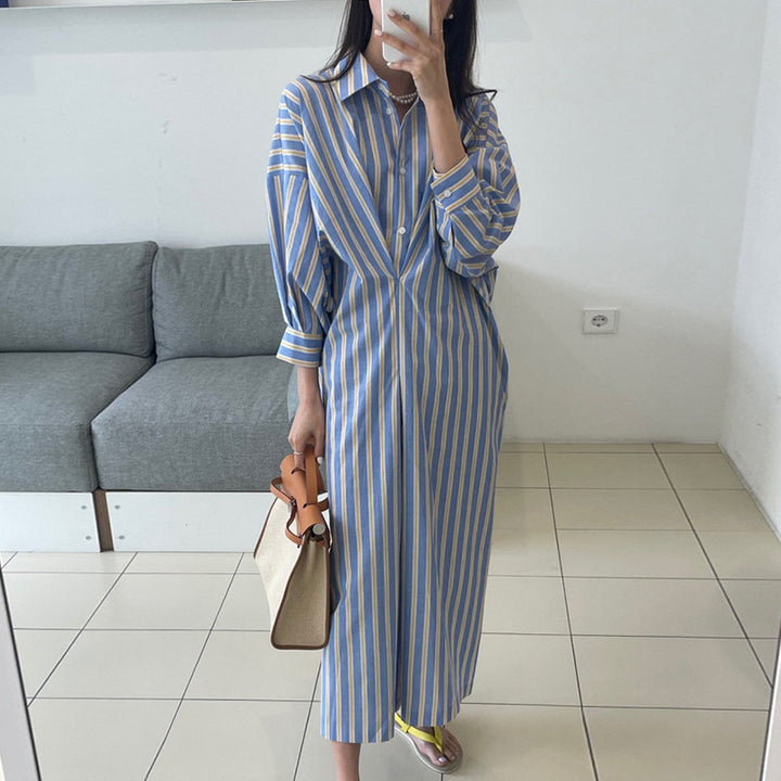 Women Striped Shirt Dress Maxi with Concealed Button Placket and Side Pockets Mune Fashion