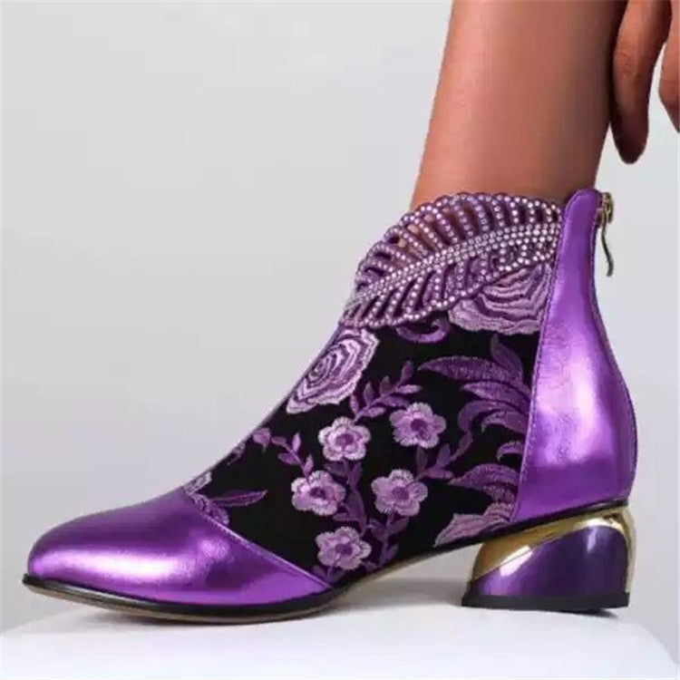Women's embroidered ankle boots with velvet insert, pearl embellishments, and sculpted block heel Mune Fashion