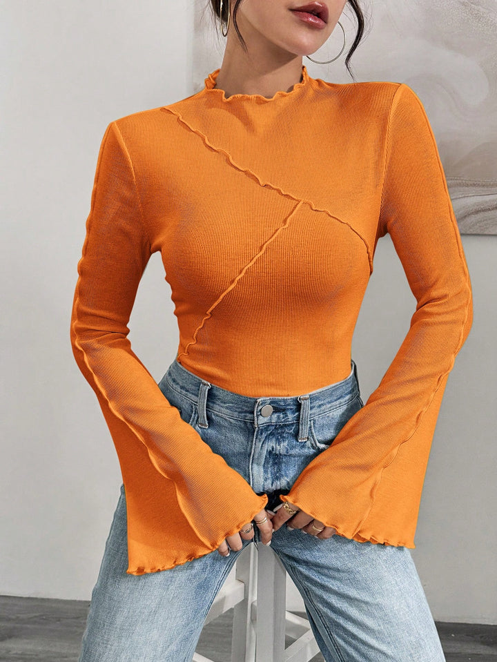 Women's Ribbed Long Sleeve Top with Ruffle Hem and Stand-Up Collar Mune Fashion