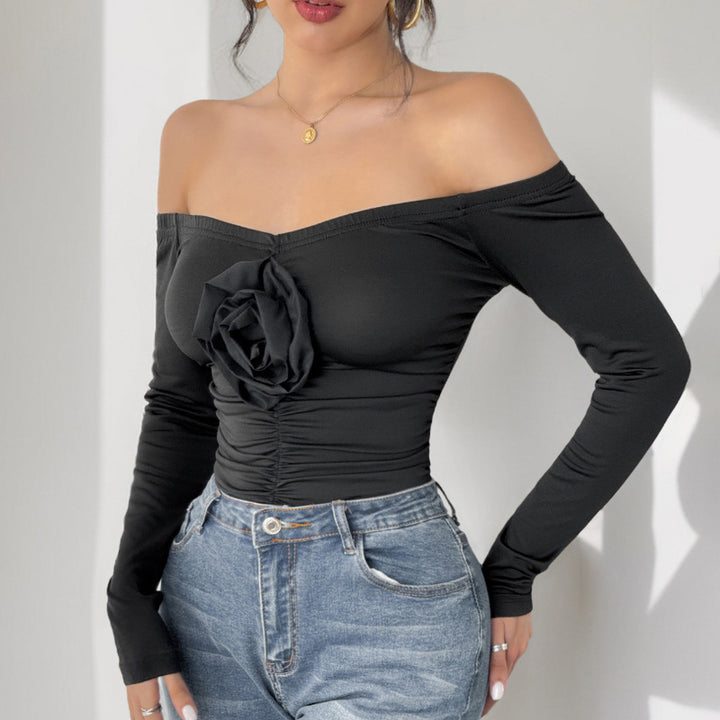 Women's Off-Shoulder Long Sleeve with Rose Appliqué and Tailored Gathering Mune Fashion
