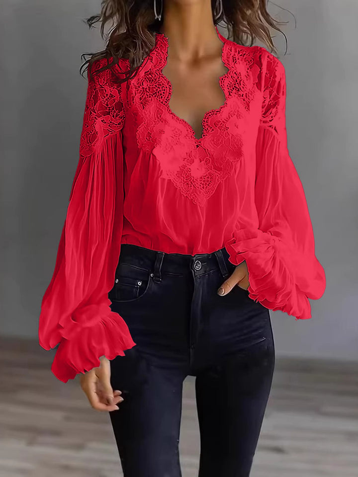 Women's Chiffon Blouse with Lace V-Neck and Wide Pleated Sleeves Mune Fashion