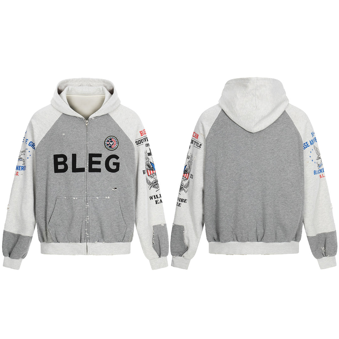 Men's Zip Hoodie in Vintage College Look with Raglan Sleeves and Distressed Details Mune Fashion