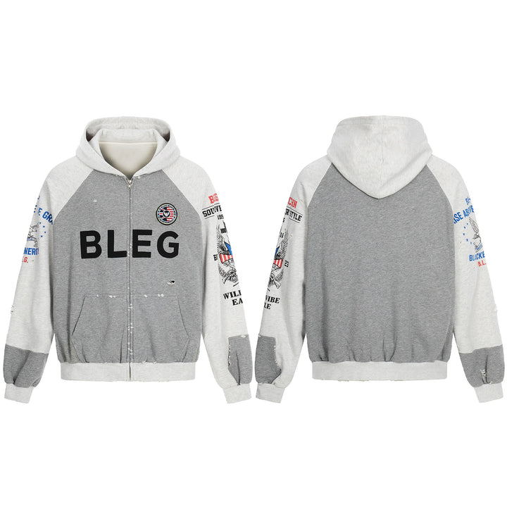Men's Zip Hoodie in Vintage College Look with Raglan Sleeves and Distressed Details Mune Fashion