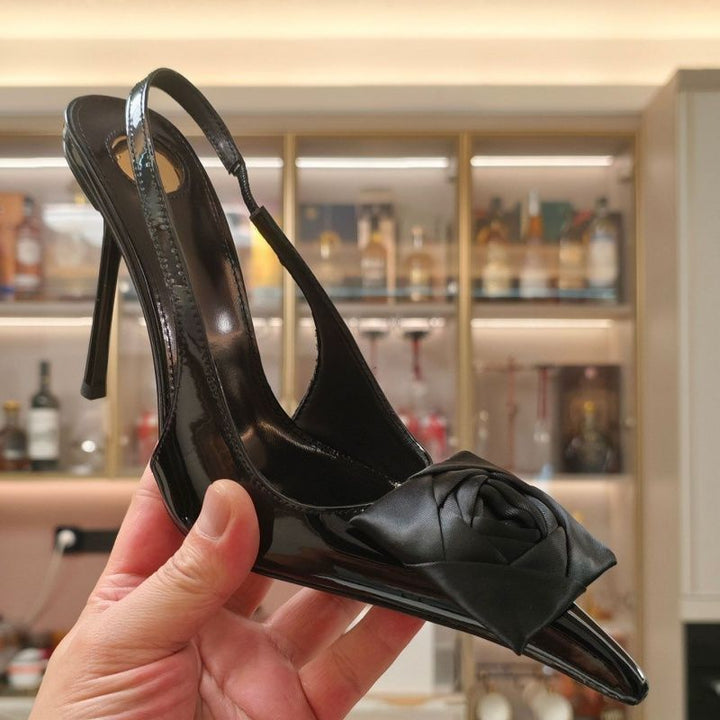 Women's lace Slingback stilettos with satin rose appliqué Mune Fashion