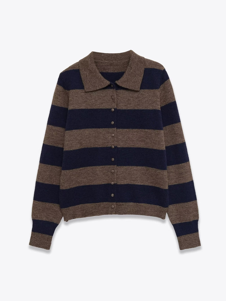 Women's Striped Cardigan with Polo Collar and Button Placket Mune Fashion