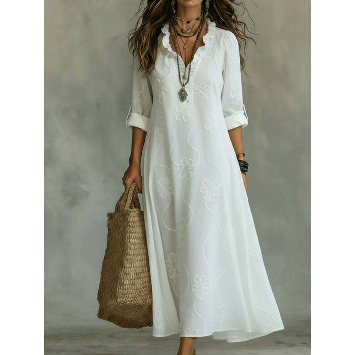 Women Long Boho Maxi Dress with Floral Embroidery and V-Neck Mune Fashion