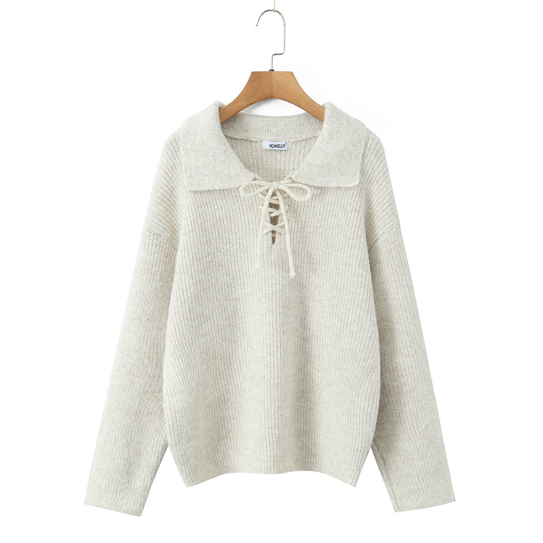 Women Cozy Knit Sweater with Wide Polo Collar and Drawstring Mune Fashion
