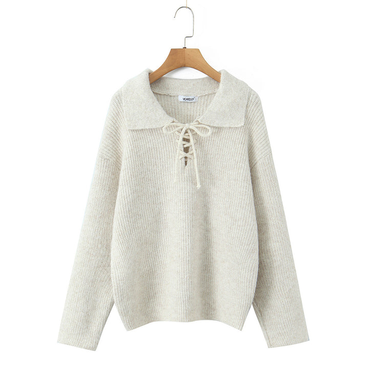 Women Cozy Knit Sweater with Wide Polo Collar and Drawstring Mune Fashion