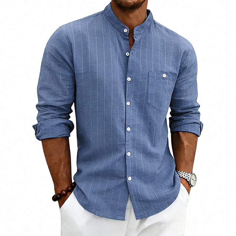 Men's breathable pinstripe long-sleeve shirt with stand collar, chest pocket, and rounded hem Mune Fashion