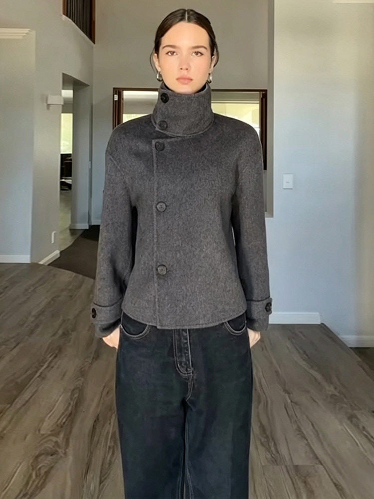 Women's Short Wool Blend Coat with Asymmetrical Button Placket and High Standing Collar Mune Fashion