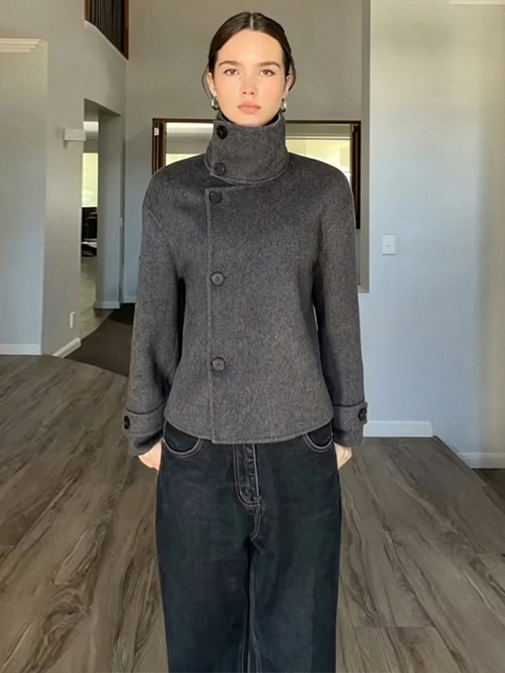 Women's Short Wool Blend Coat with Asymmetrical Button Placket and High Standing Collar Mune Fashion