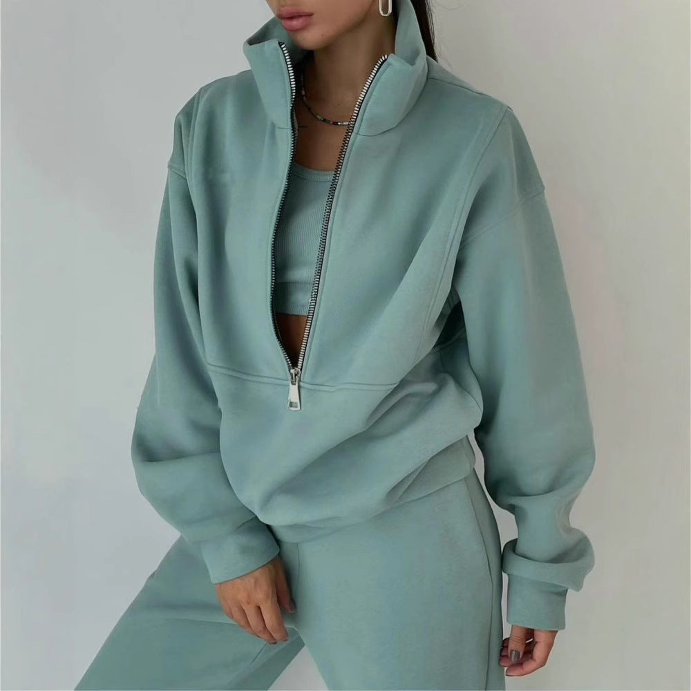 Women's Oversized Half-Zip Sweatshirt with Stand-Up Collar and Matching High-Waist Jogging Pants Mune Fashion