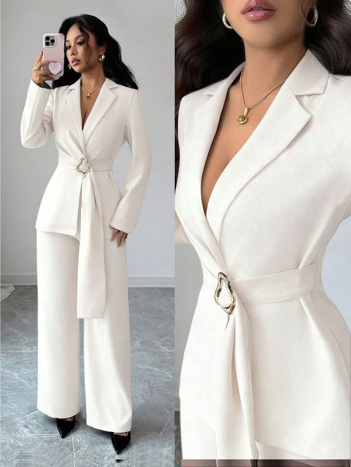Women Elegant Blazer Suit with Waist Belt Mune Fashion