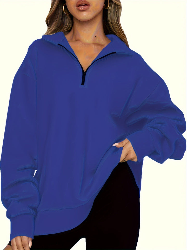 Women nan Oversized Sweatshirt with Short Zip, Stand-up Collar and Kangaroo Pocket Mune Fashion