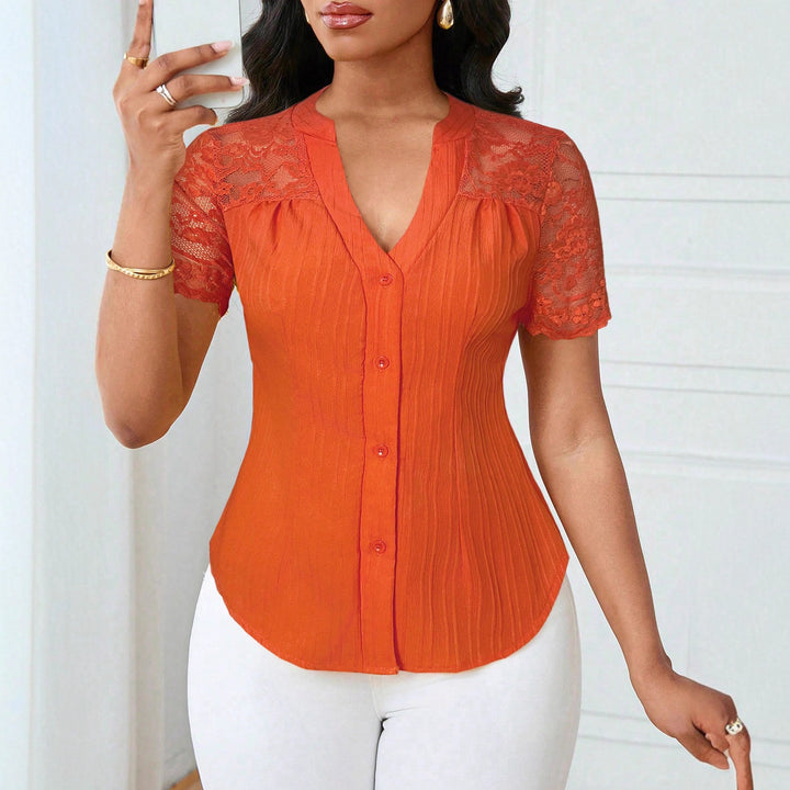 Women's Fitted Short Sleeve Blouse with Lace Sleeves and Button Placket Mune Fashion