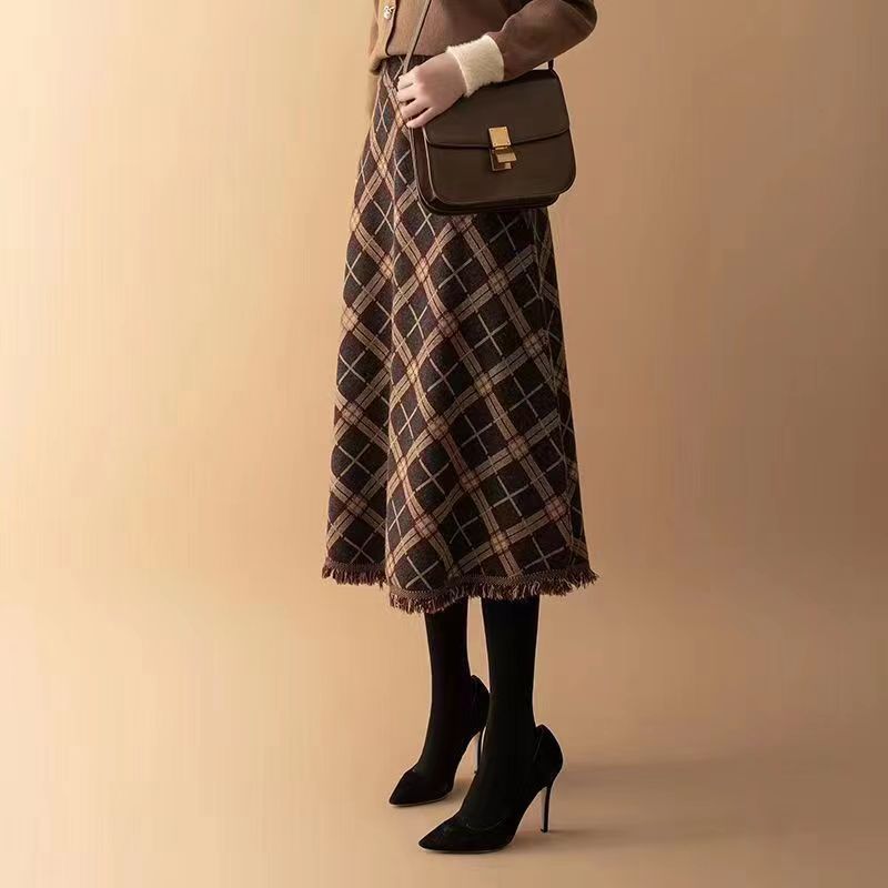 Ladies Elegant Checked Midi Skirt Mune Fashion