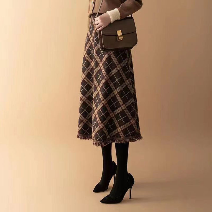 Ladies Elegant Checked Midi Skirt Mune Fashion
