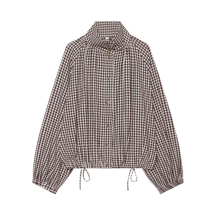 Women checked blouse with stand-up collar and drawstring hem Mune Fashion