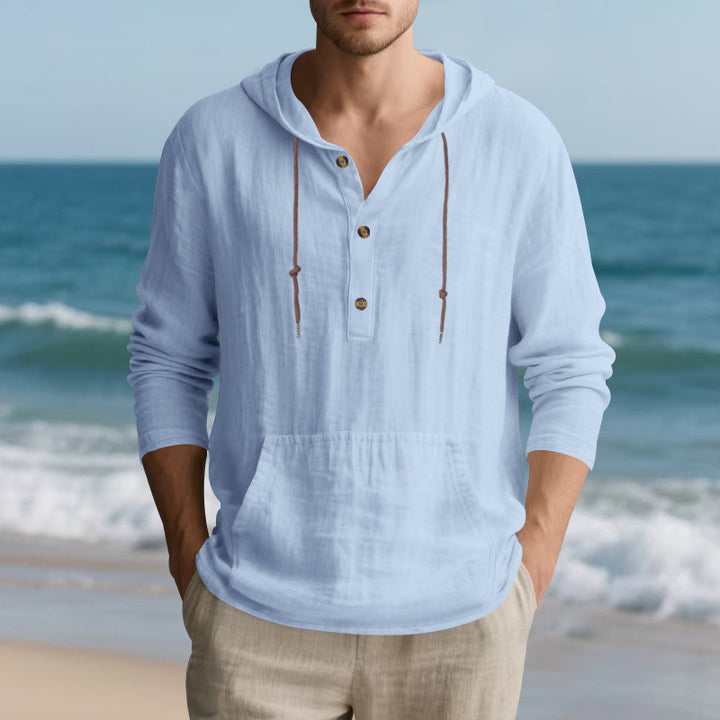Men's Lightweight Hooded Henley Made of Cotton-Linen with Kangaroo Pocket Mune Fashion